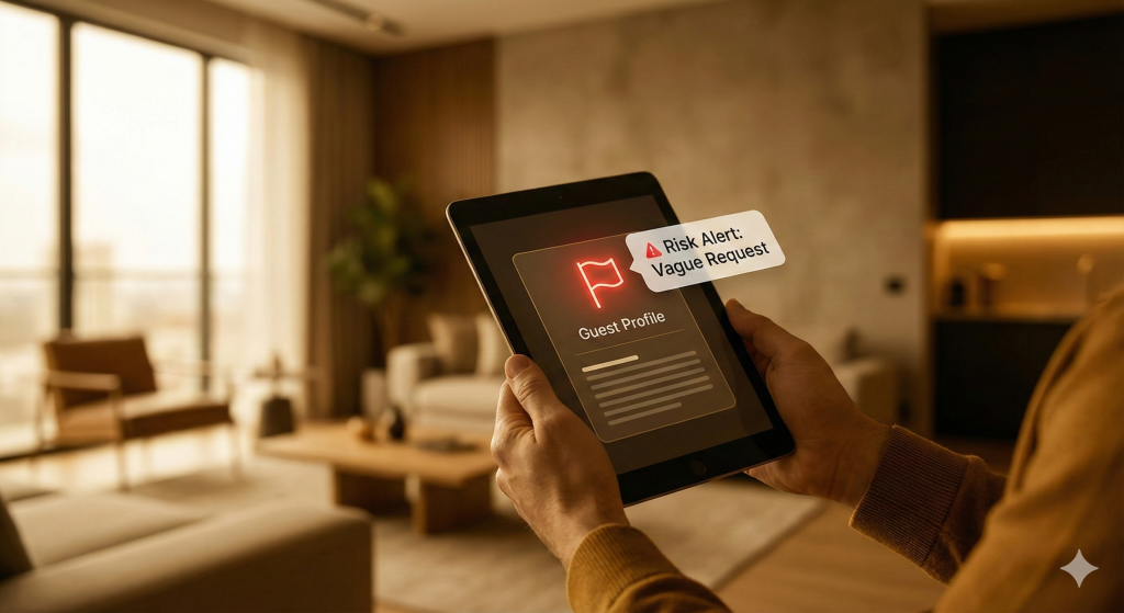 A high-end vacation rental interior in Seattle featuring a glowing Mandalay gold warning icon overlay, symbolizing the identification of guest red flags and property protection.