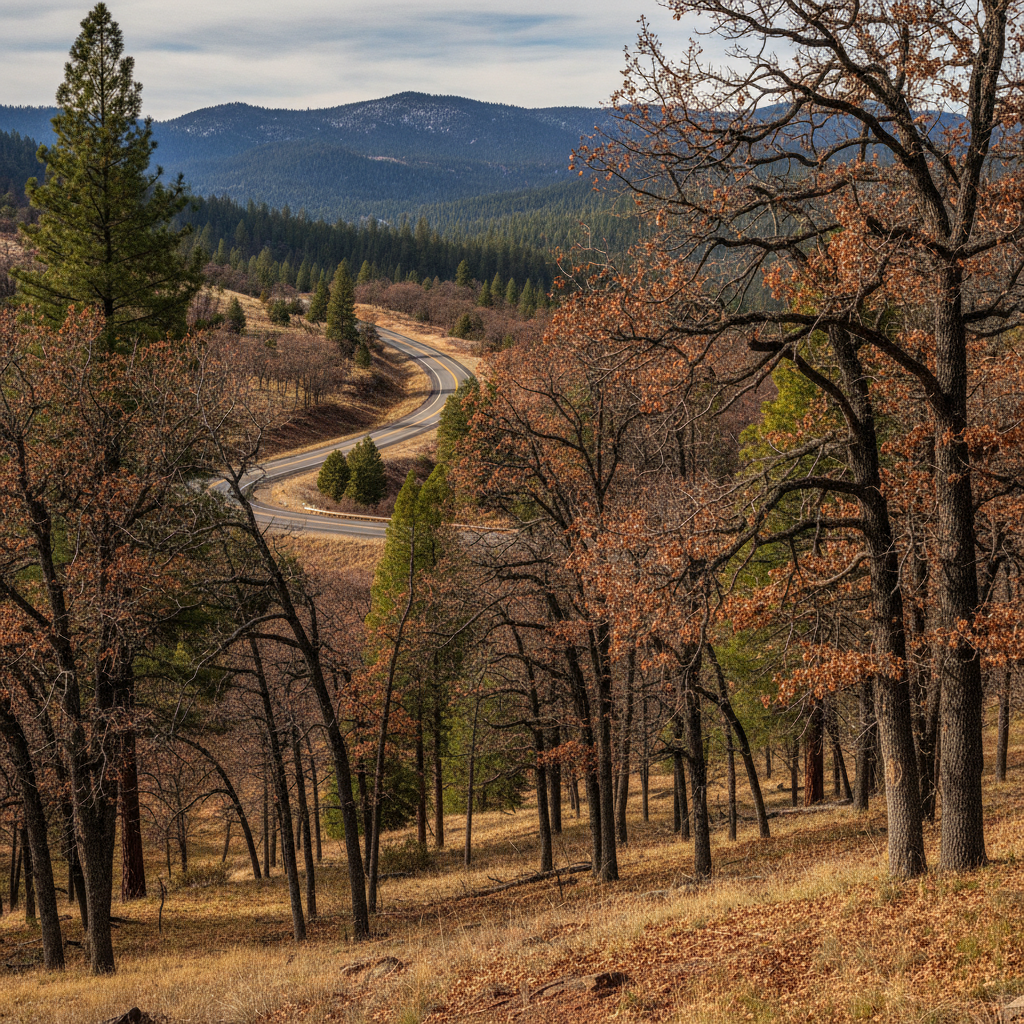 Highway 41 corridor near Oakhurst, California in late autumn with bare black oaks and conifers on the Sierra Nevada foothills