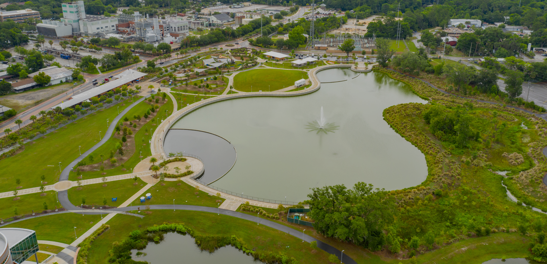 A drone view of the pond in Depot Park in Gainesville, FL