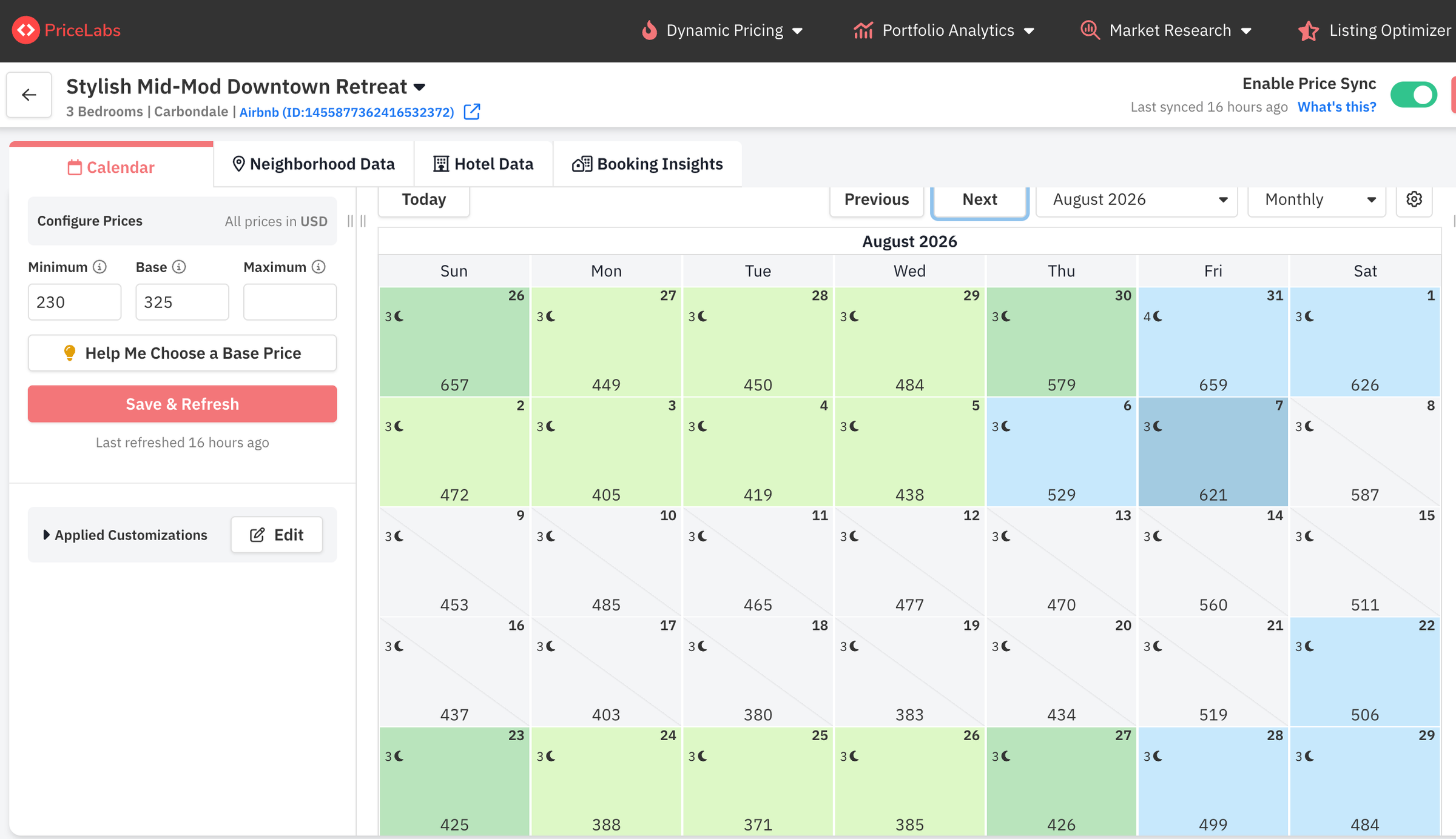 High angle view of a rental property calendar with dynamic pricing and booking details