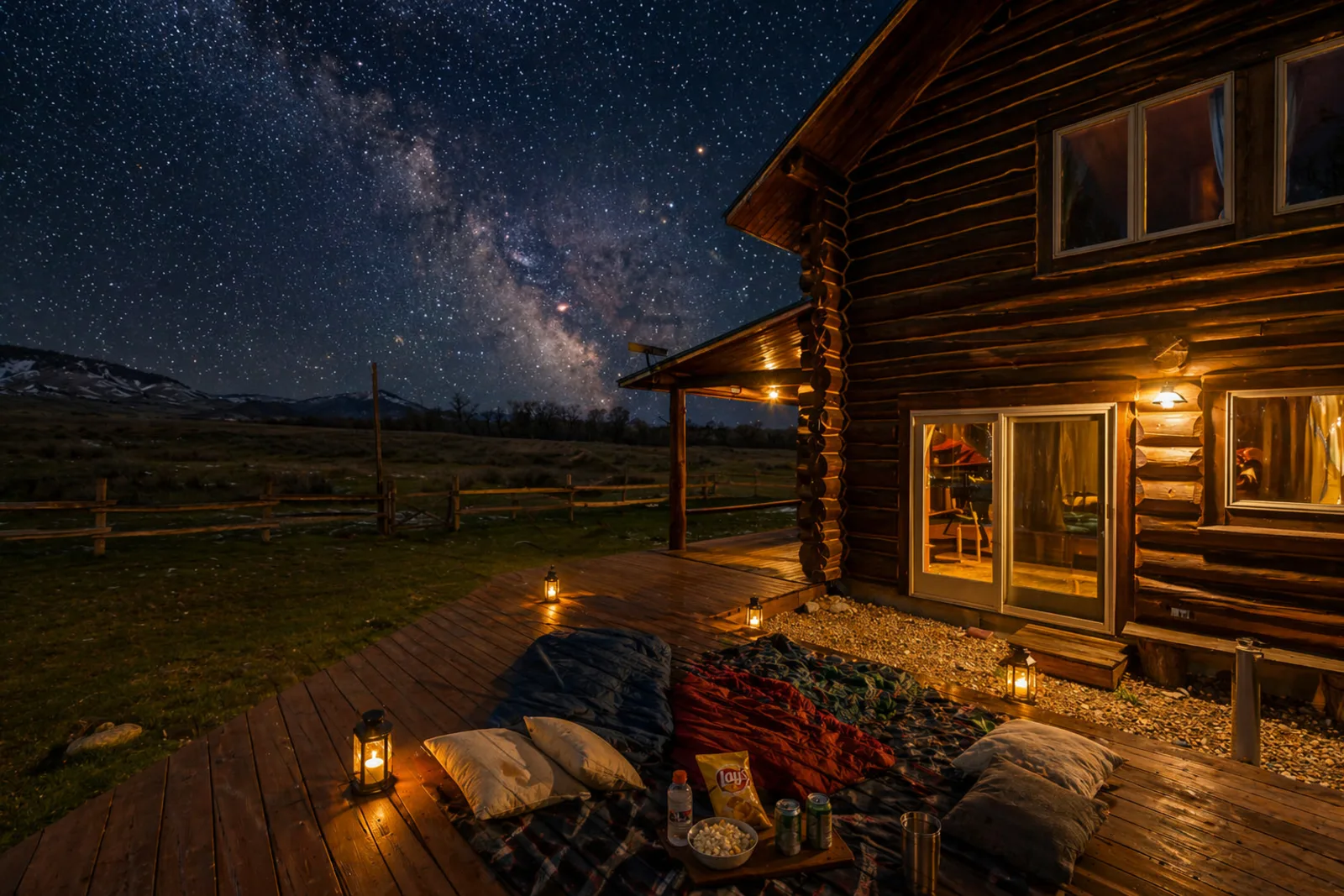 Ranch cabin under Wyoming night sky, Dayton