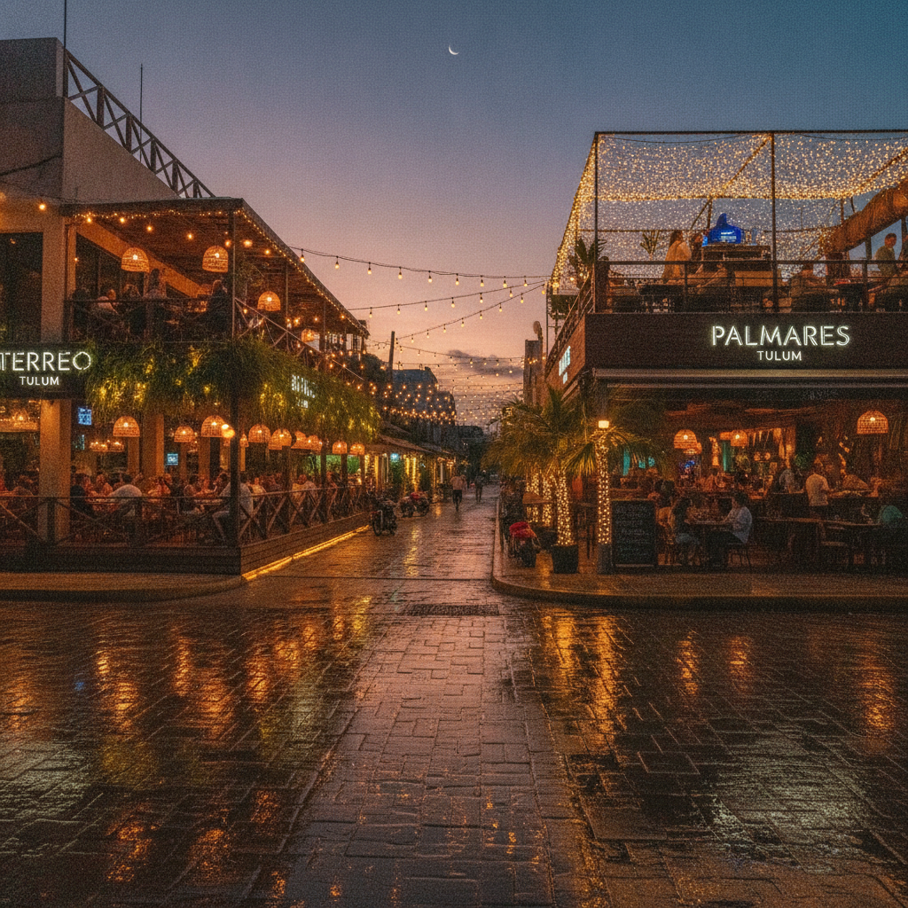 Calle 7 in La Veleta, Tulum, in the evening with restaurant terraces and string lights