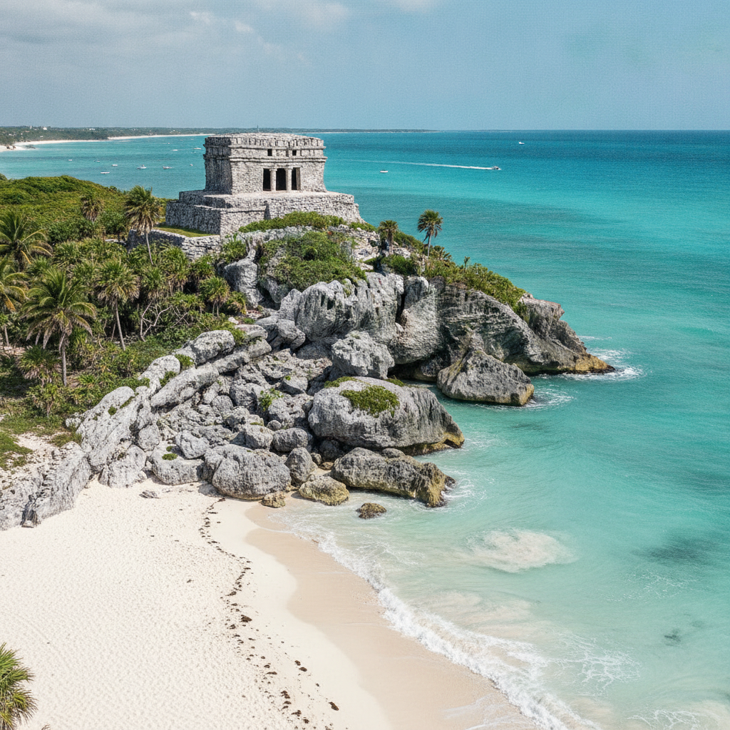 The Tulum archaeological zone on the cliff above the Caribbean, stone temple and turquoise water in midday sun