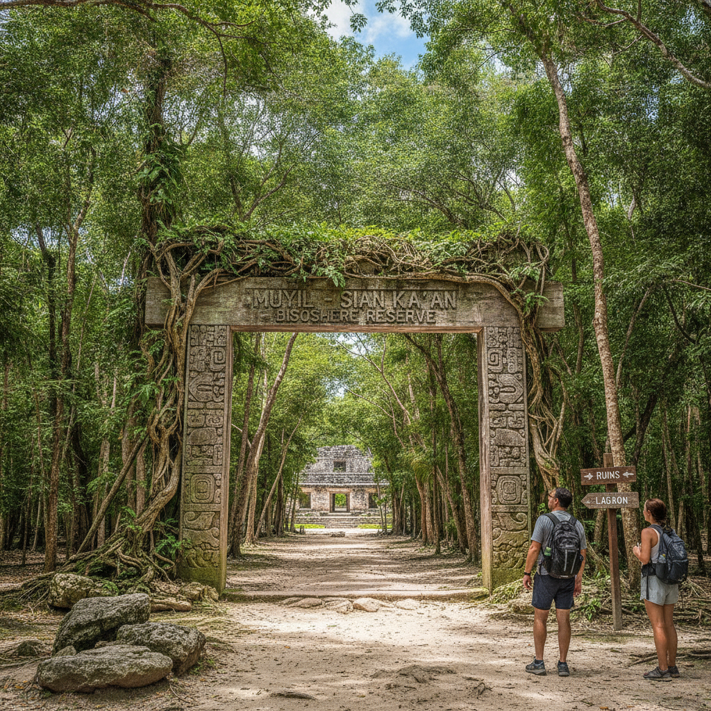 The Muyil archaeological zone entrance to the Sian Ka'an Biosphere Reserve south of Tulum, with jungle and boardwalk
