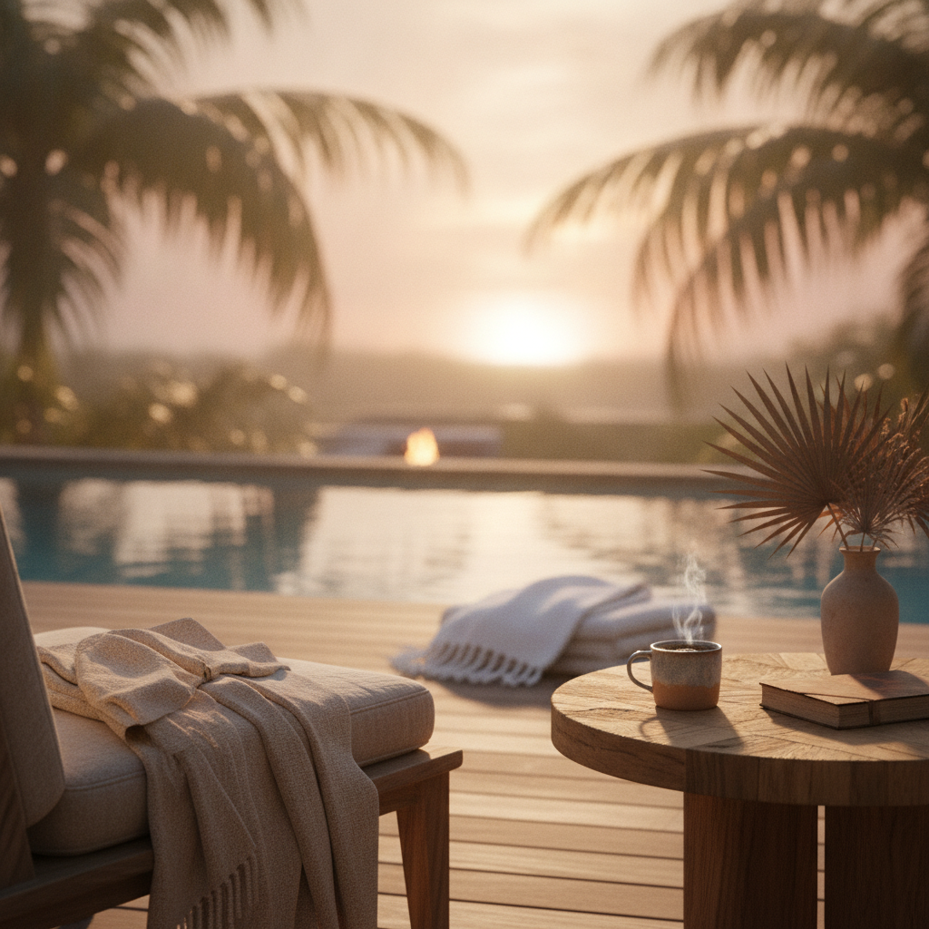Private rooftop plunge pool and sun deck on a two-bedroom penthouse in La Veleta, Tulum, late afternoon