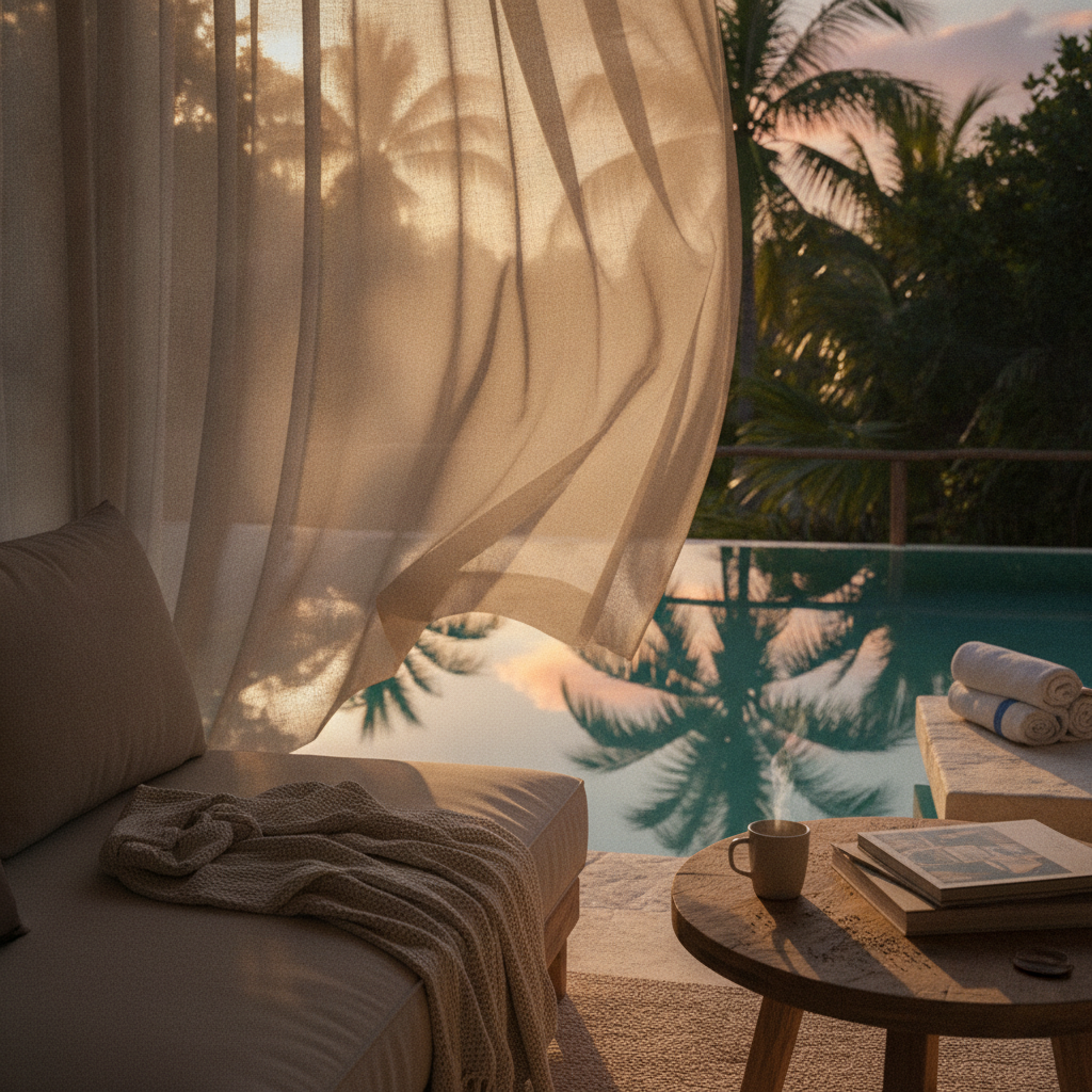 Private plunge pool on a terrace at a two-bedroom condo in the La Veleta neighborhood of Tulum, with palms and loungers in afternoon sun