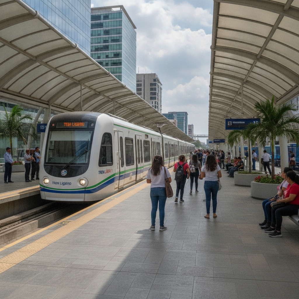 Tren Ligero Line 1 train arriving at a station in Guadalajara, Jalisco, with passengers waiting on the platform