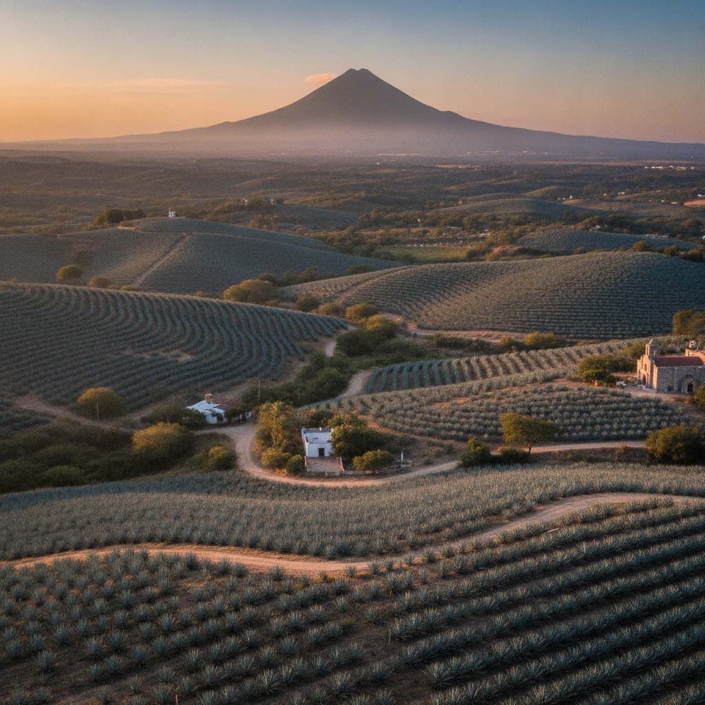 Blue agave fields on the hillsides between Amatitán and Tequila, Jalisco, under afternoon light