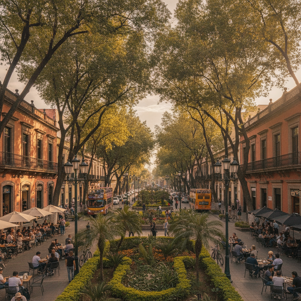 Avenida Chapultepec in Colonia Americana, Guadalajara, with café terraces and leafy median in late afternoon light