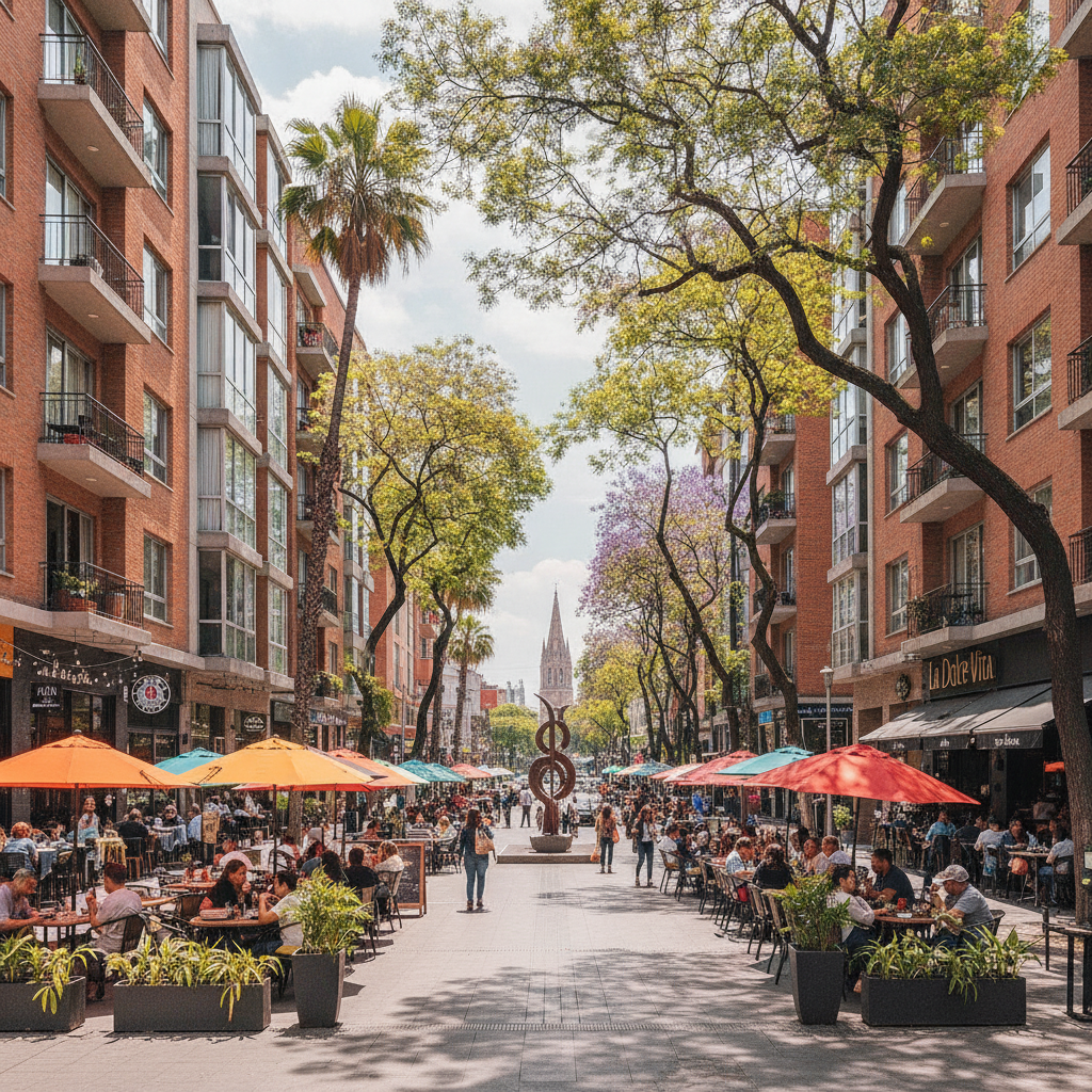 Street view of the Chapultepec area of Guadalajara, Jalisco, with mid-rise apartment buildings and restaurant terraces