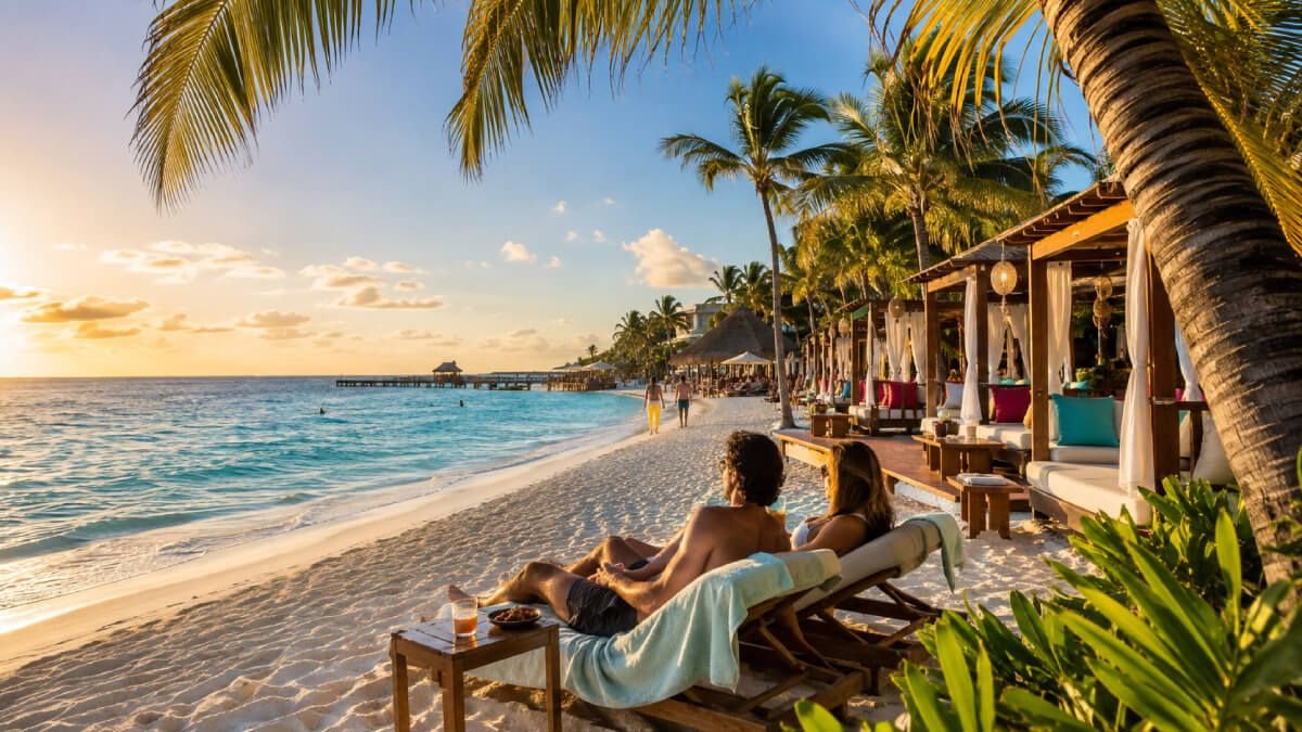 Couple relaxing on beach loungers at sunset with palm-thatched cabanas along the Riviera Maya shore