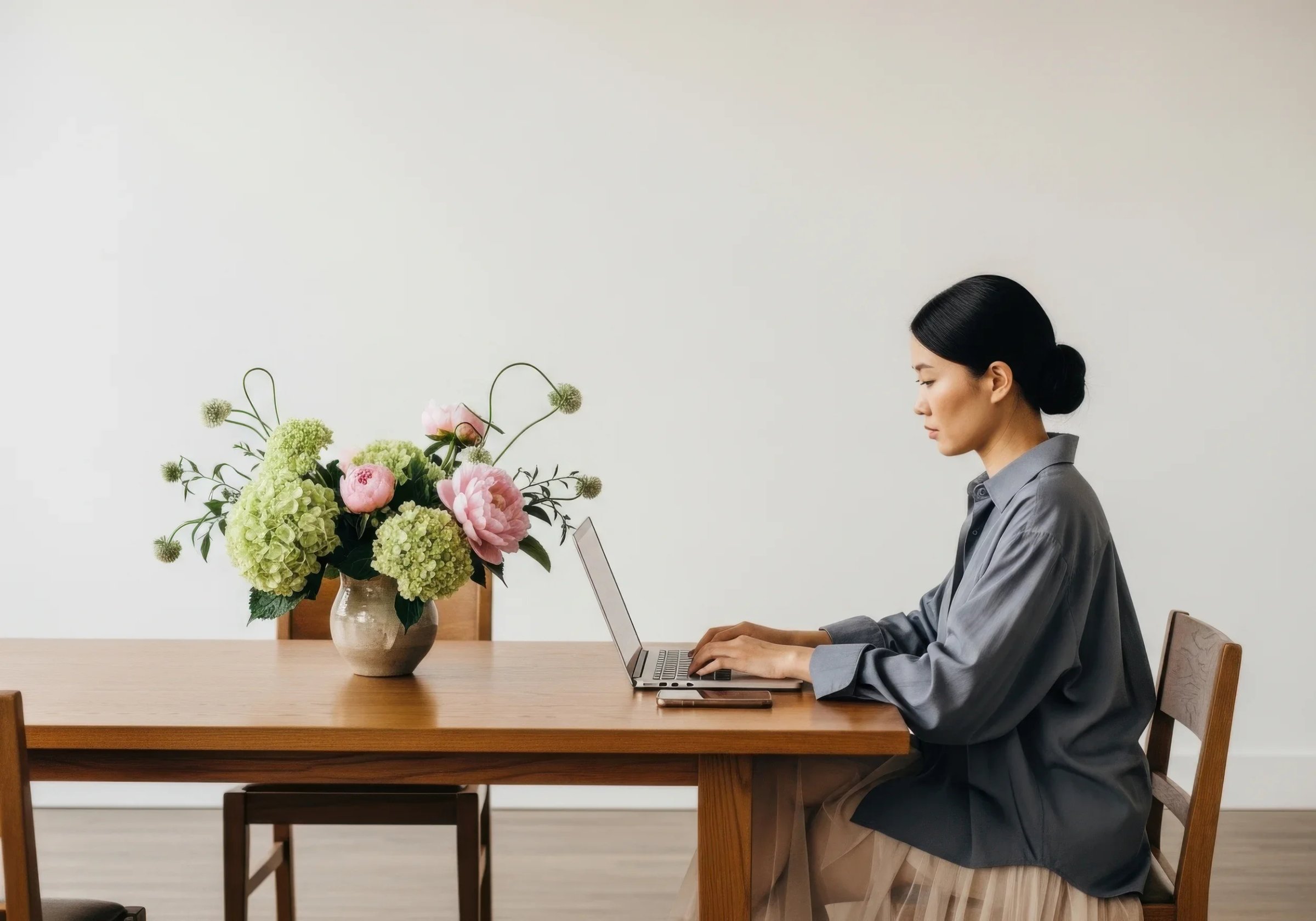 Woman sitting at a wooden table using a laptop with a large colorful flower arrangement on the table.