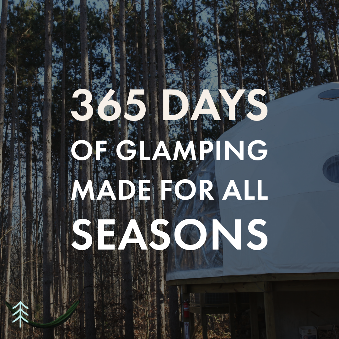 Image of a forest with tall trees and a glimpse of a glamping dome structure in the background, with overlaid text promoting "365 days of glamping made for all seasons."