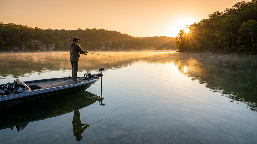 Bass fishing at sunrise on Table Rock Lake with calm water and misty Ozark hills in the background