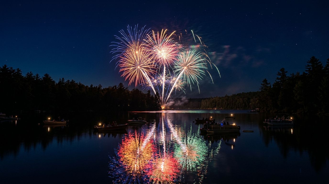 Colorful fireworks over a lake near Branson on the 4th of July