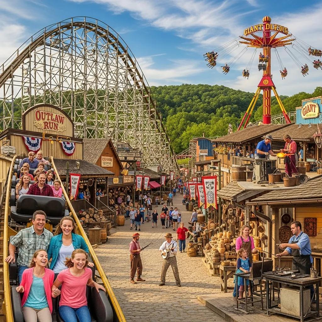 Families enjoying rides and artisan demonstrations at Silver Dollar City