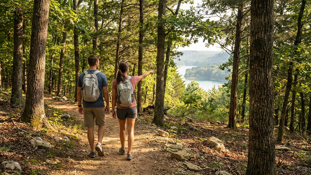 Ozark hiking trail overlooking Table Rock Lake with panoramic views of the water and forested hills