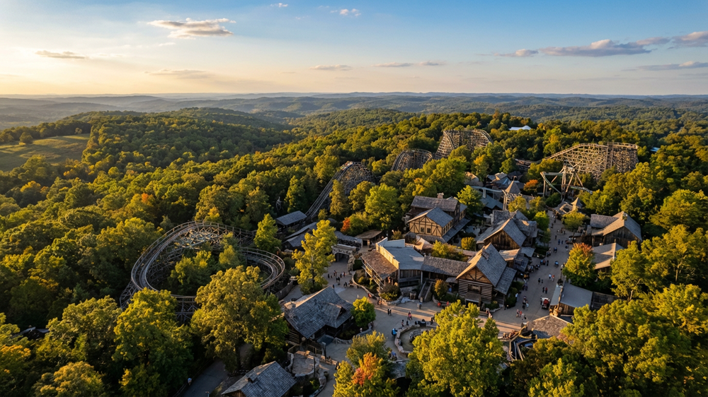 Aerial view of an 1880s-themed amusement park surrounded by Ozark Mountain forest in Branson Missouri at golden hour