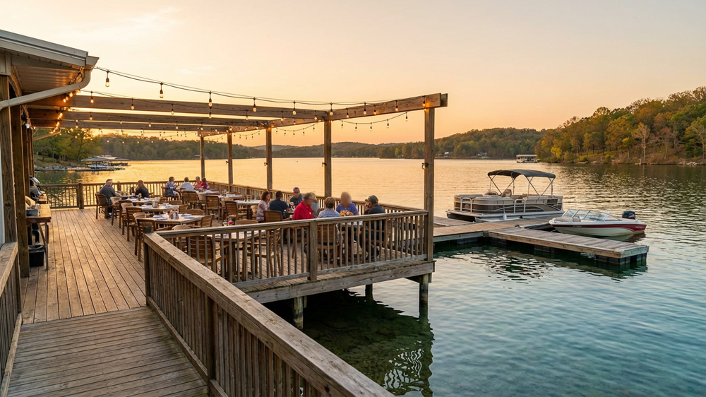 Lakeside dining at sunset on Table Rock Lake with warm golden light reflecting off the water near a Branson vacation rental
