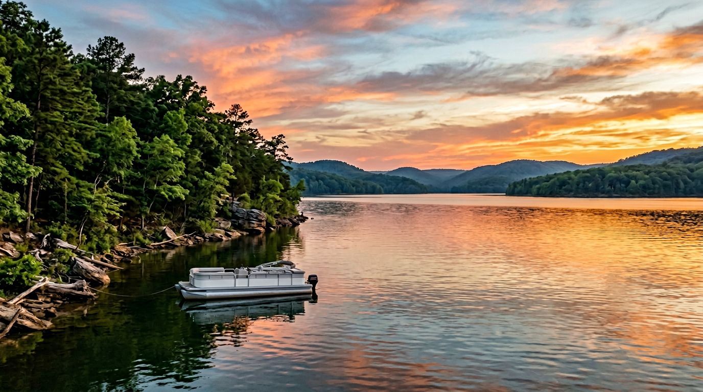 Summer sunset over Table Rock Lake near Branson with a pontoon boat