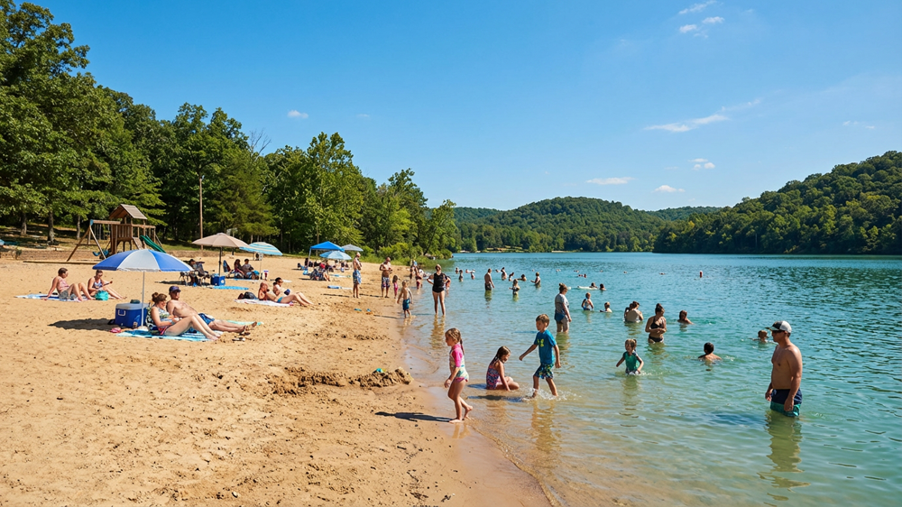 Swimmers and families enjoying Moonshine Beach on Table Rock Lake with clear water and sandy shoreline on a sunny day