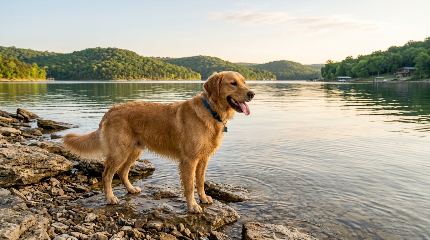 Happy dog on the shore of Table Rock Lake near Branson, Missouri