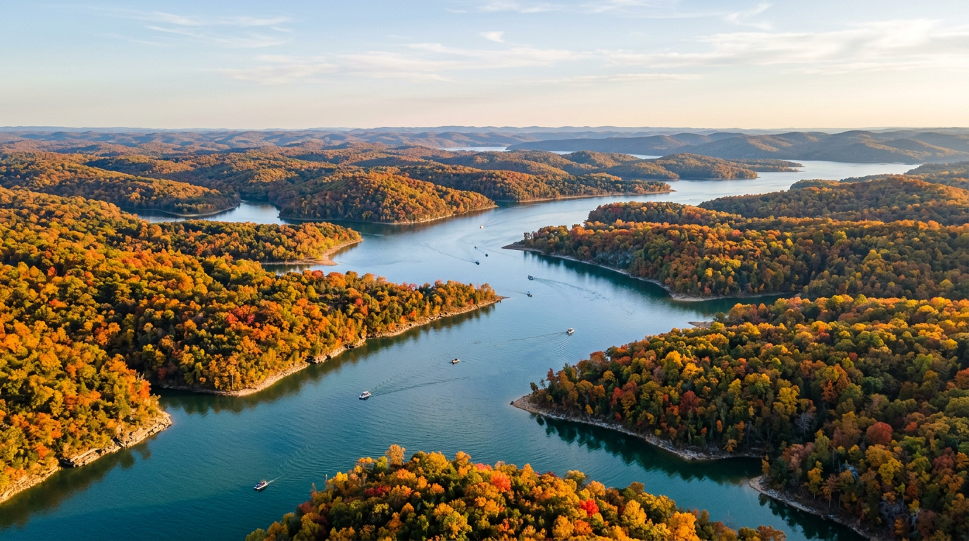 Autumn color over the Ozark hills and Table Rock Lake near Branson, Missouri