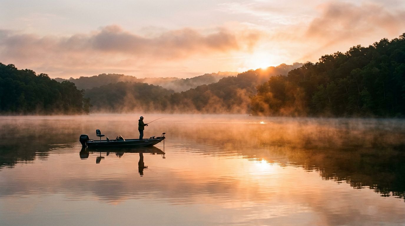 Angler casting on Table Rock Lake at sunrise near Branson, Missouri