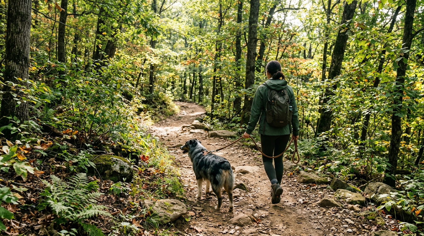 Dog on a wooded hiking trail in the Ozark Mountains near Branson