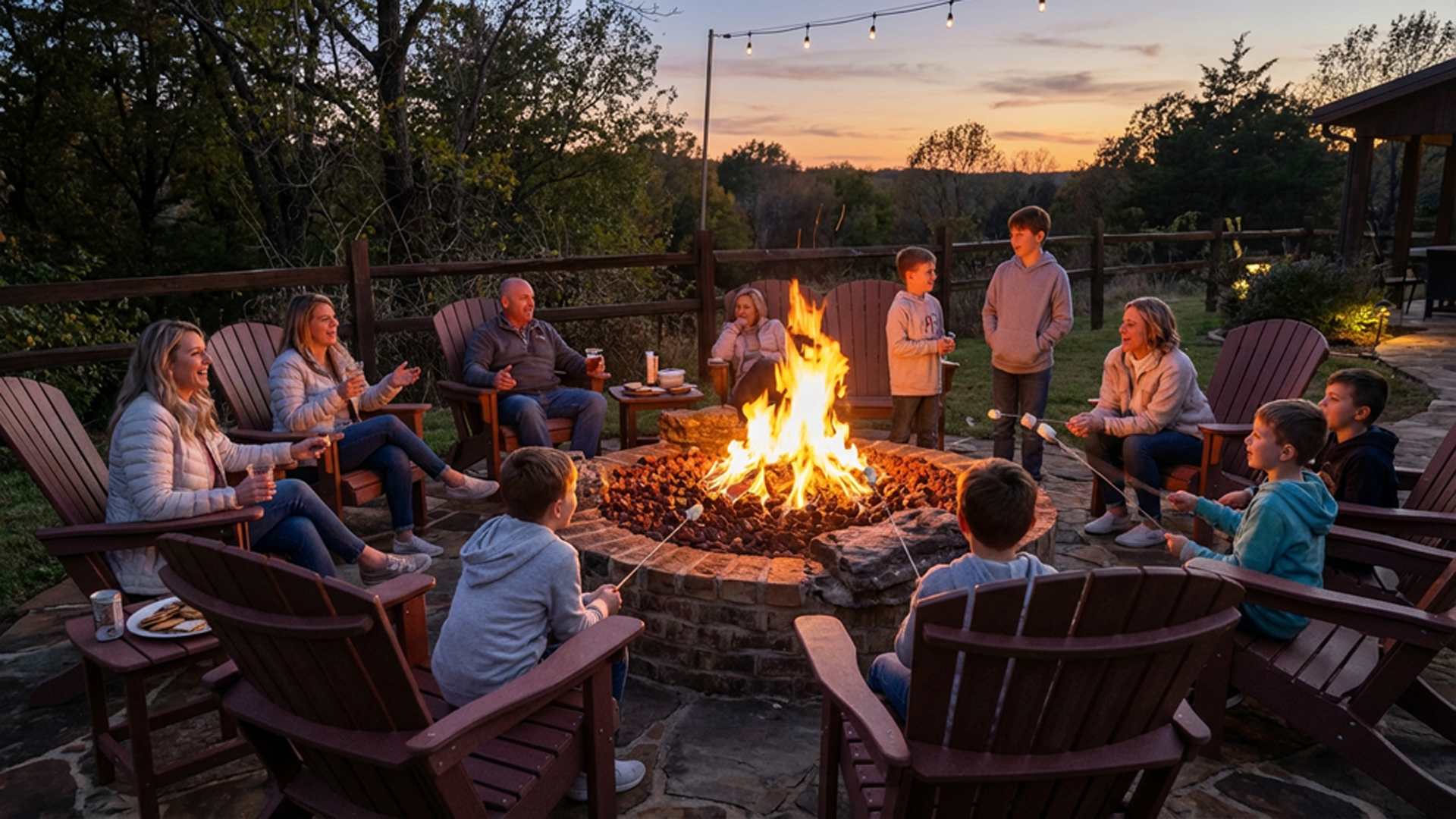 Fire pit area at Bradford Lodge, evening gathering spot for large group vacations in Branson