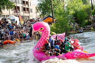 FIBArk 2026 Hooligan Race flamingo boat on the Arkansas River in Salida Colorado