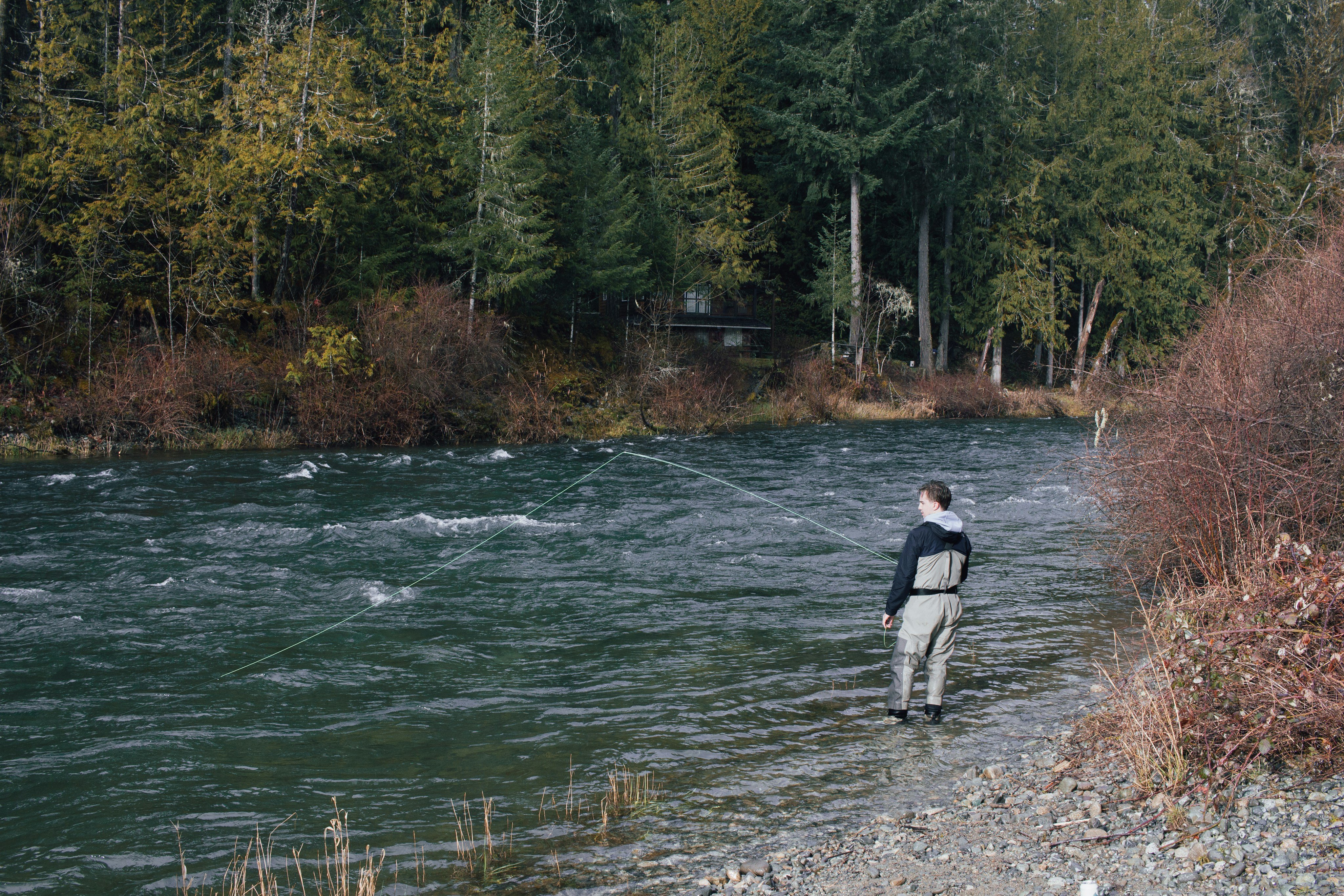 Angler fly fishing in a forested river