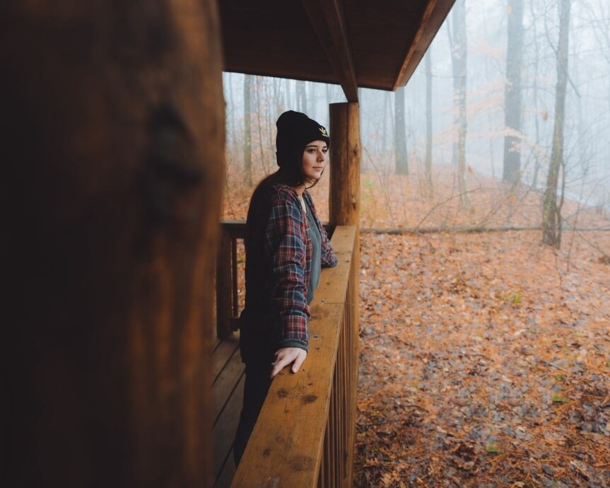 View of person enjoying an Ohio fall getaway at Chalets in Hocking Hills
