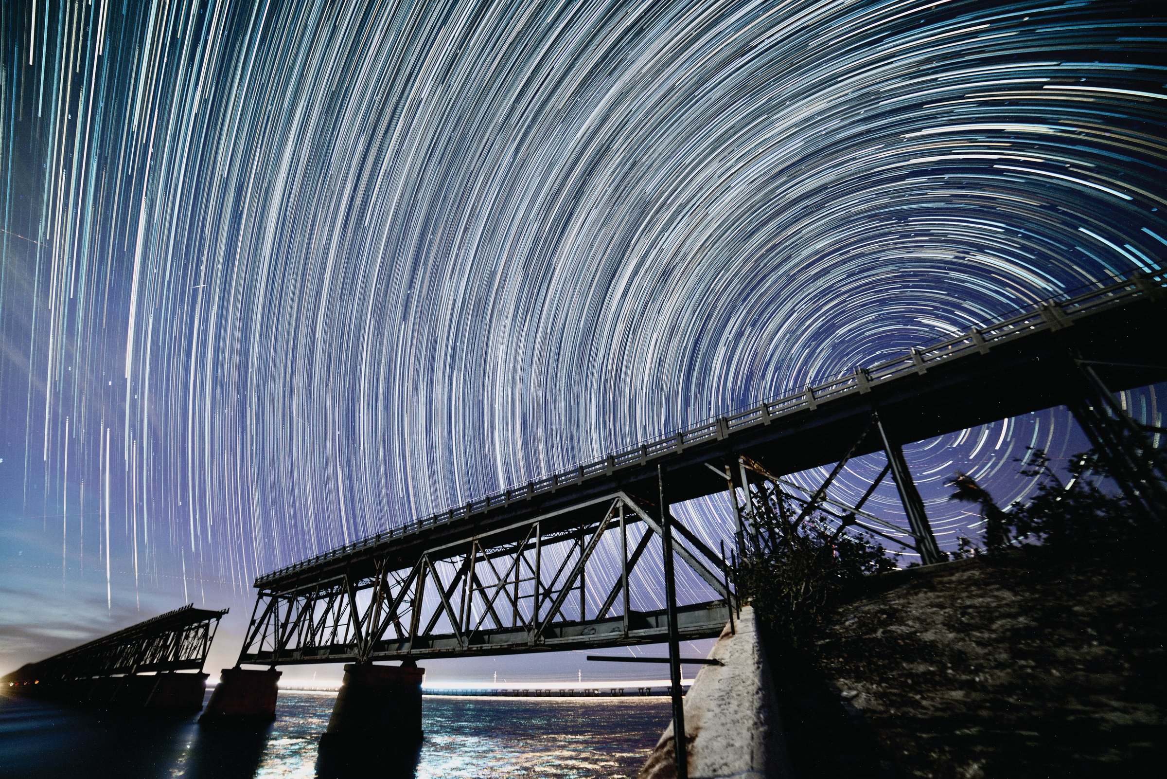 Bahia Honda Beach stars and night and railroad bridge