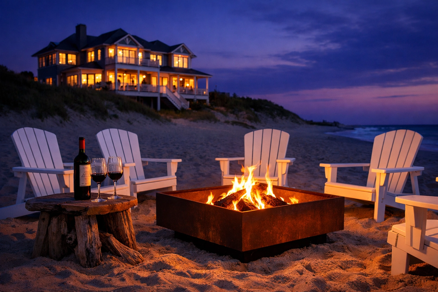 Private beach bonfire at a luxury Outer Banks oceanfront estate