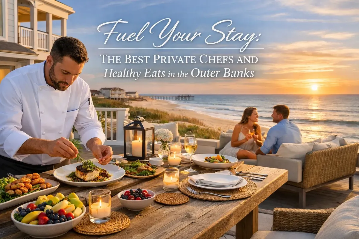 Private chef preparing a healthy gourmet seafood meal in a luxury oceanfront kitchen in Corolla, Outer Banks