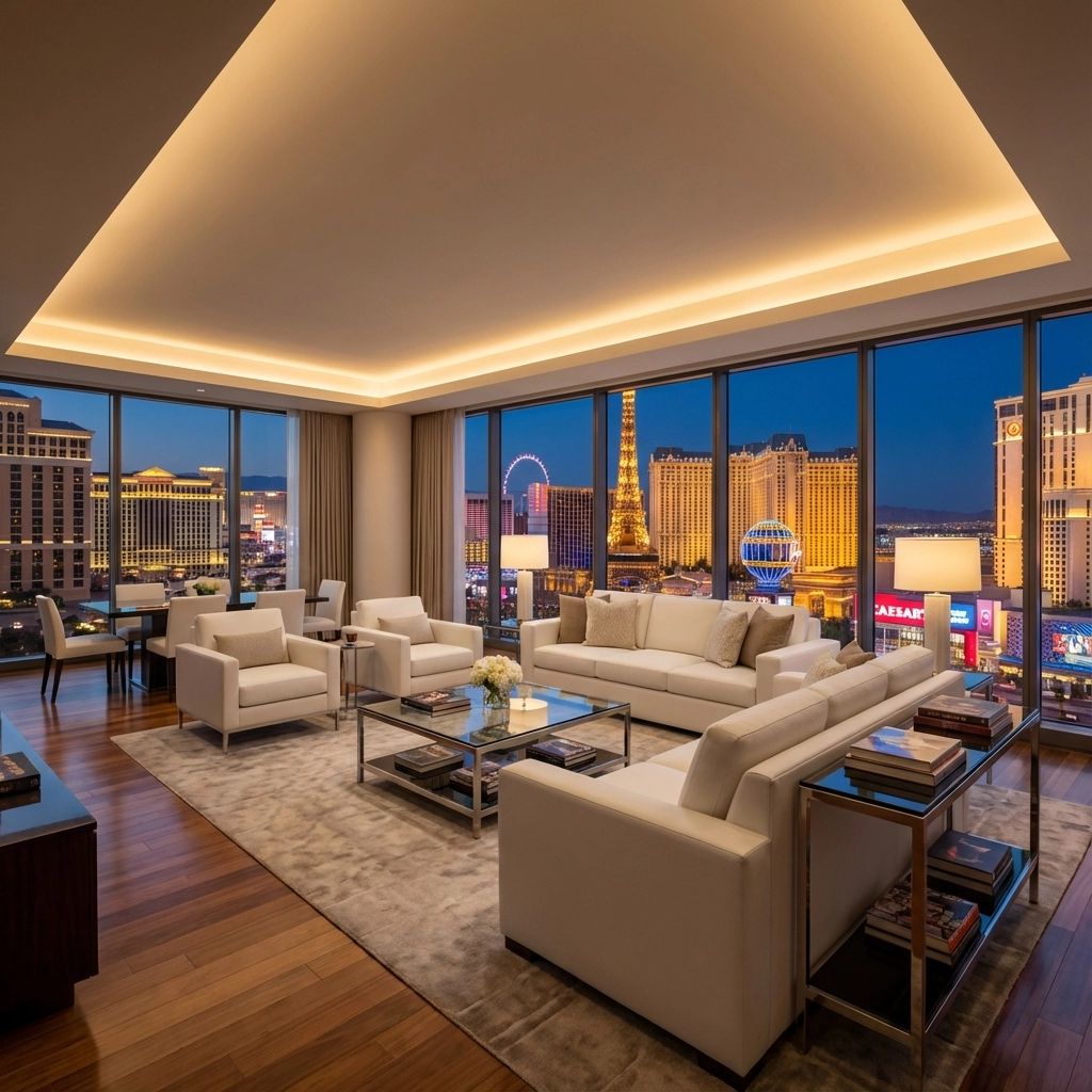 Private balcony at MGM Signature Unit 701 with Las Vegas Strip views at night