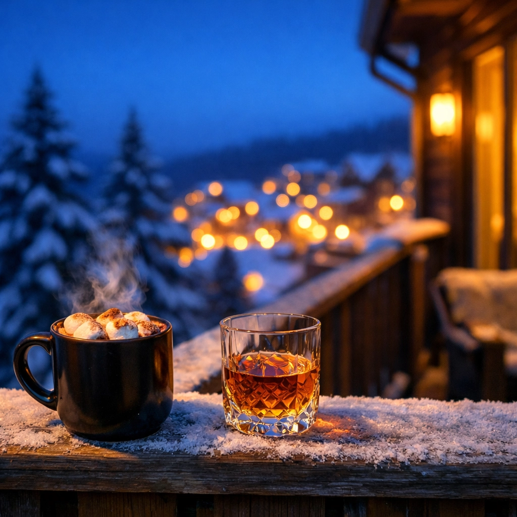 Evening view from a private Highland House balcony overlooking Snowshoe Village