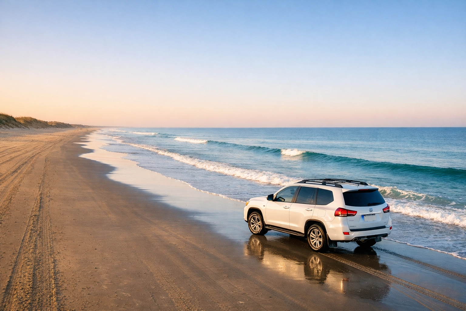 4WD SUV driving on the hard-packed shoreline of Corolla 4x4 beach at low tide