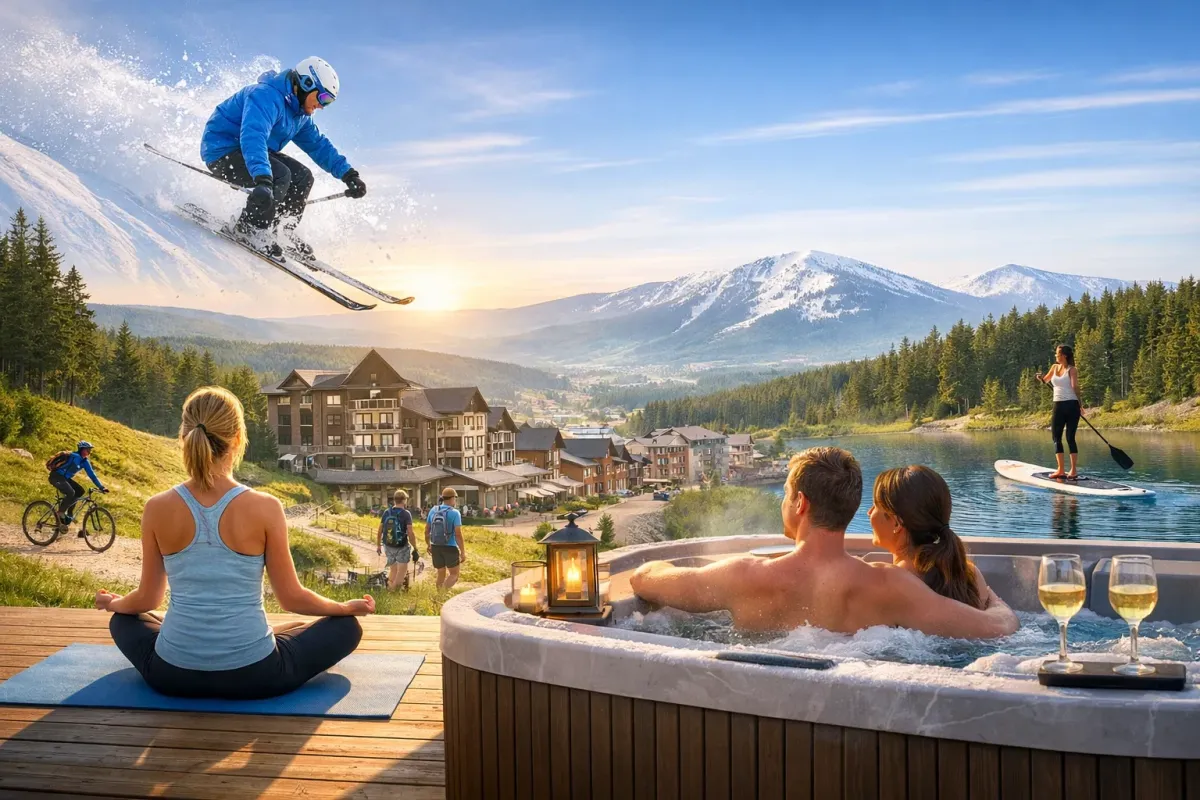 Luxury estate at Snowshoe Mountain with summer hiking trails overlooking lush Appalachian peaks