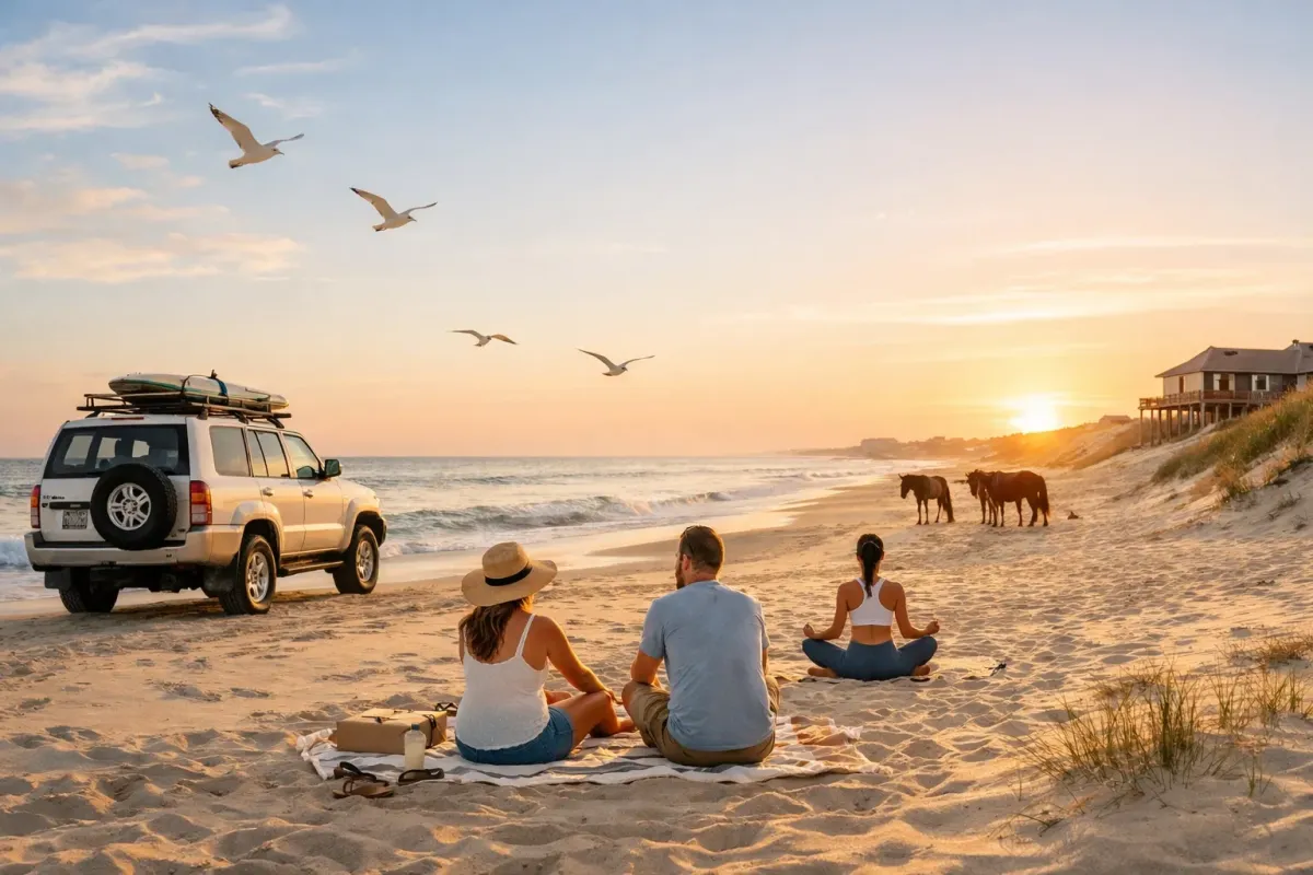Wild Spanish Mustangs walking along the shoreline at Corolla 4x4 Beach in the Outer Banks, North Carolina at sunrise