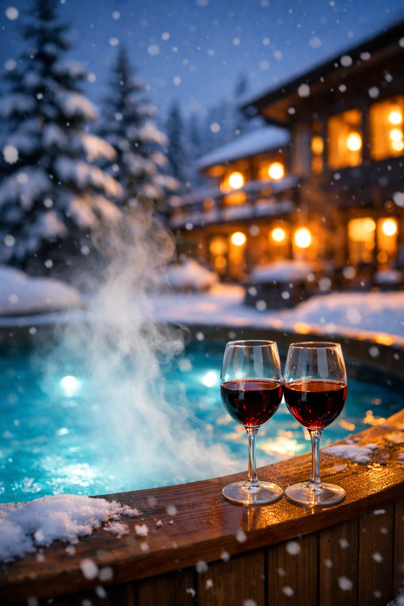 Outdoor hot tub at a luxury Snowshoe Mountain resort with snow falling and mountain views