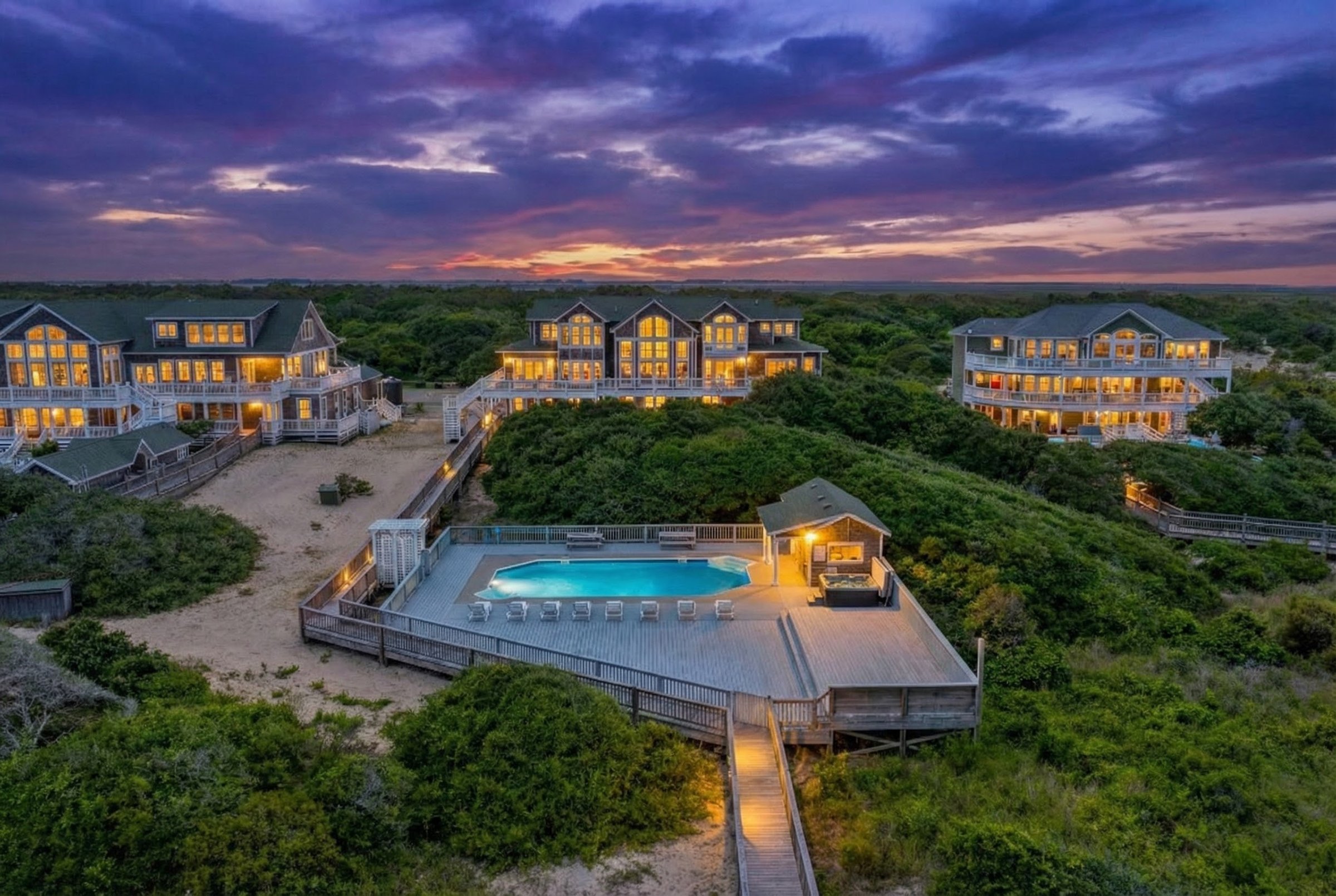 Aerial view of the 4x4 beaches in Corolla, North Carolina with oceanfront luxury homes