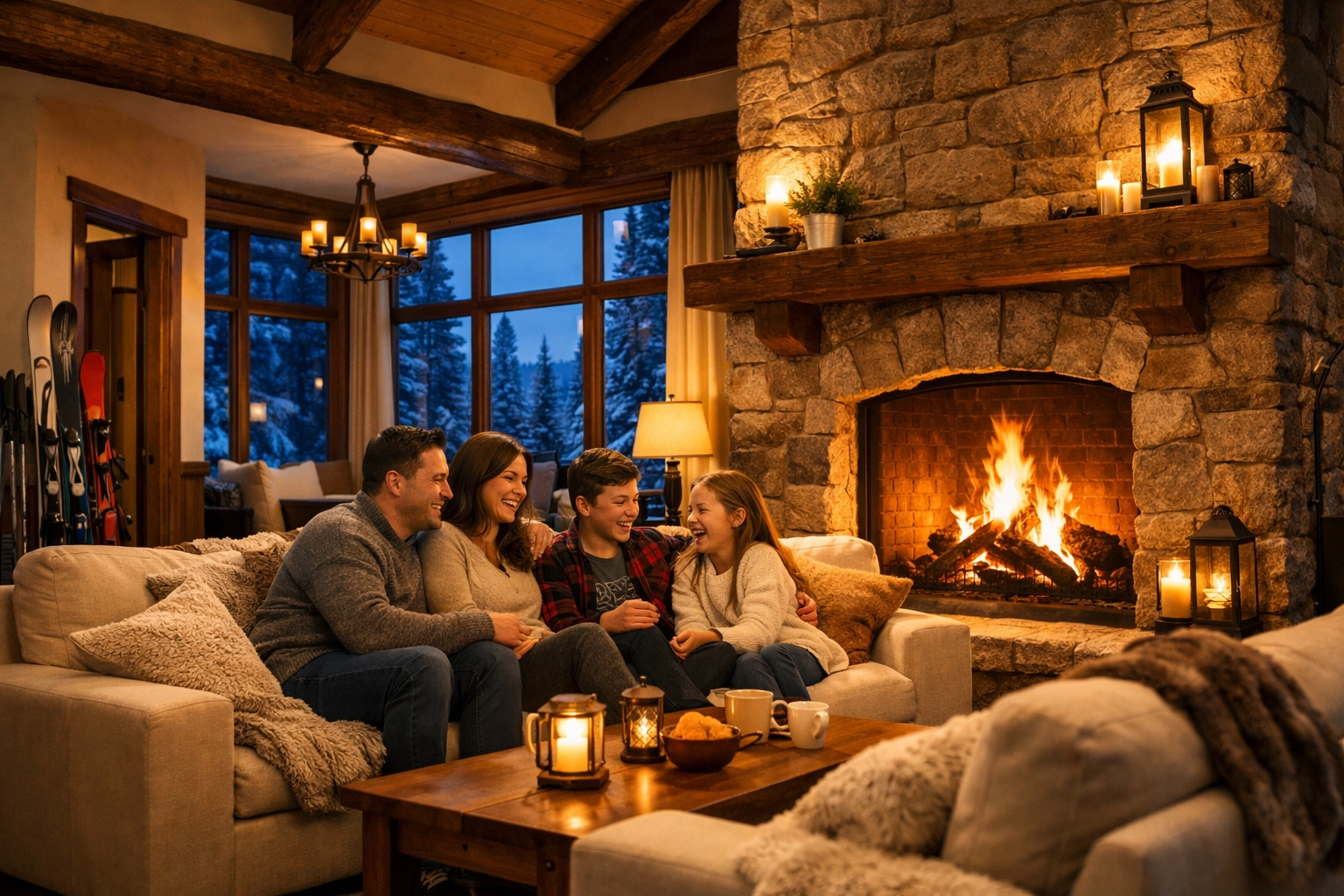 Stone fireplace living room at a luxury Snowshoe Mountain lodge after skiing