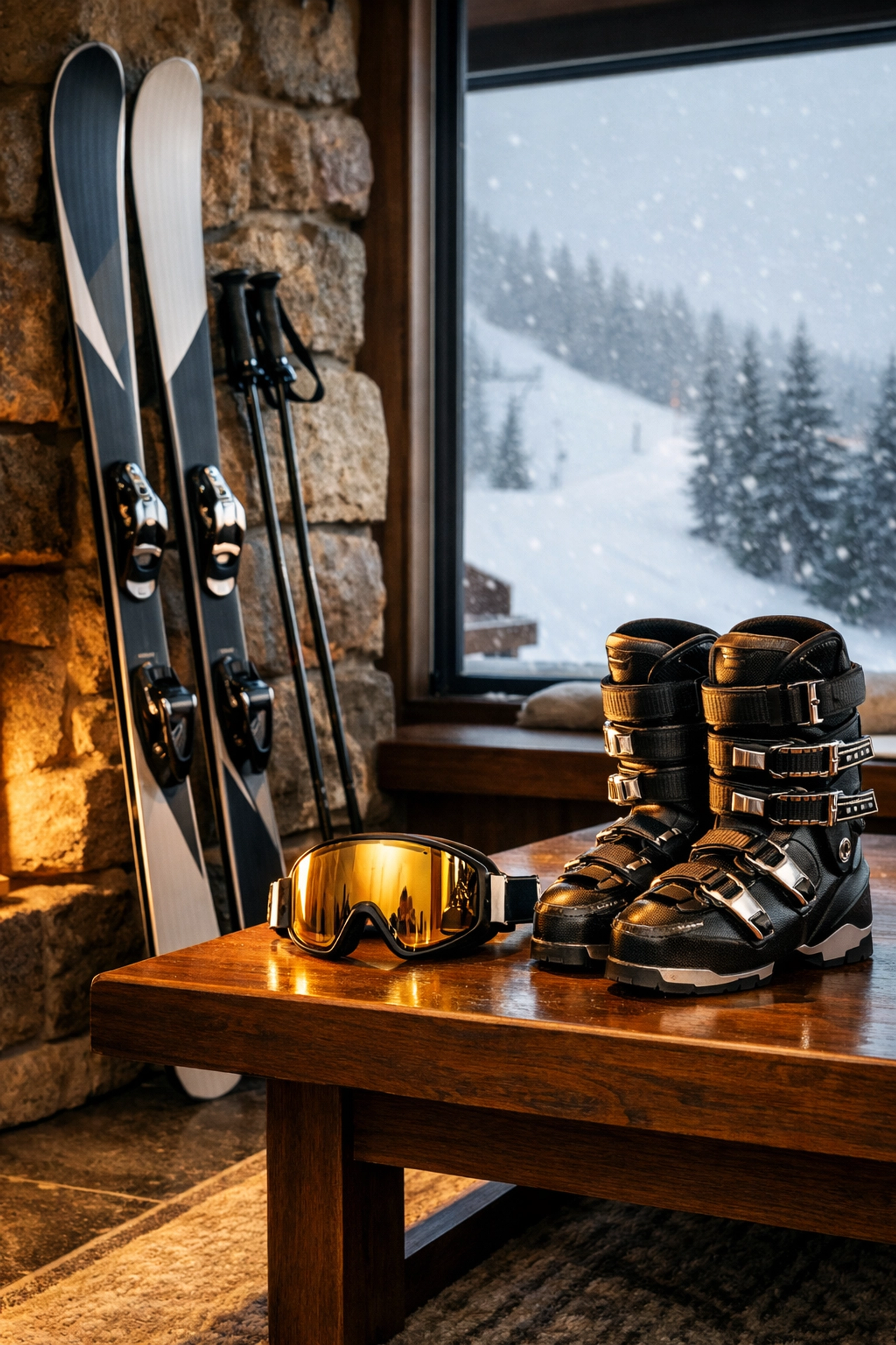 Luxury Snowshoe ski condo interior with stone fireplace overlooking snowy slopes