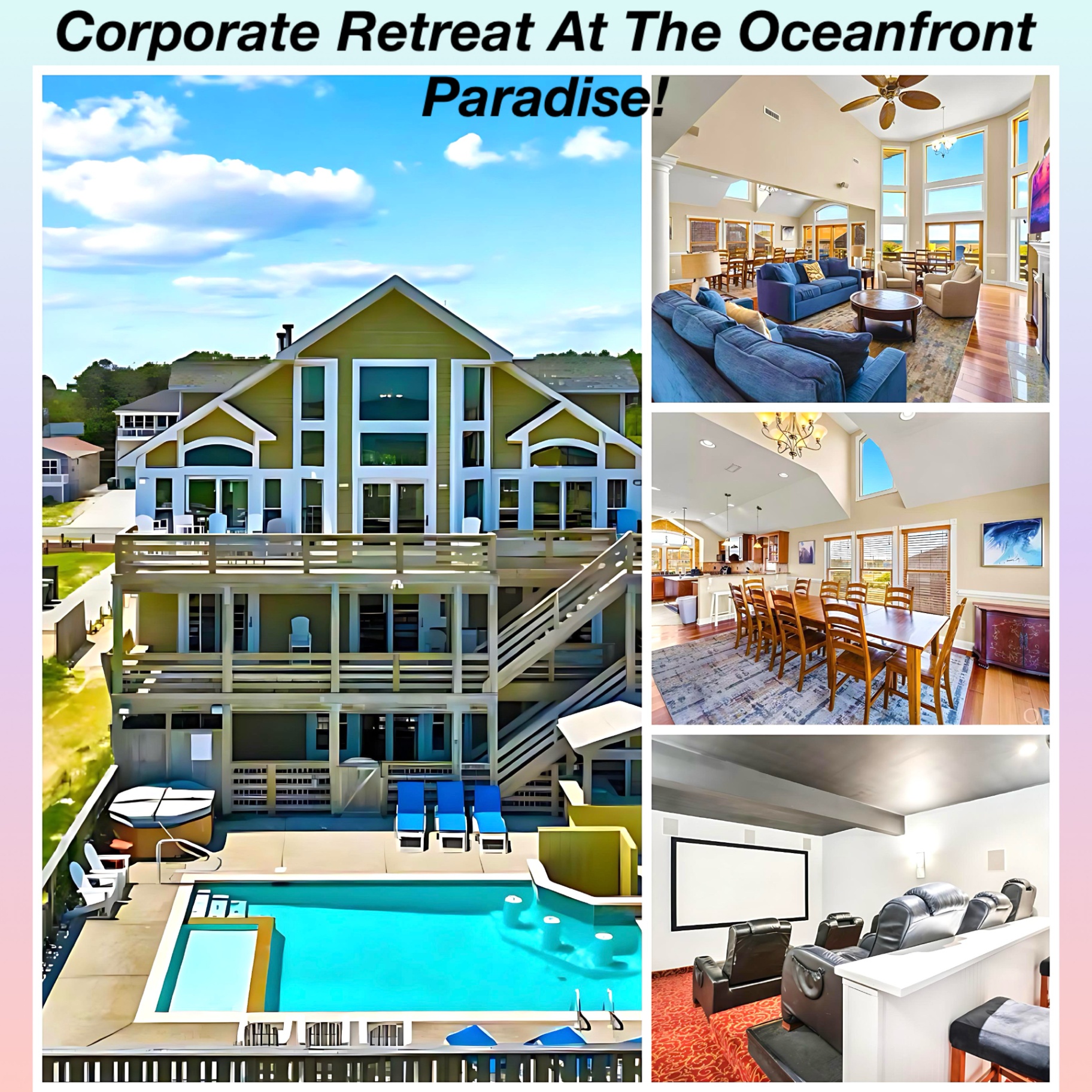 Multi-level oceanfront deck at a LuxStay USA estate, Corolla, Outer Banks