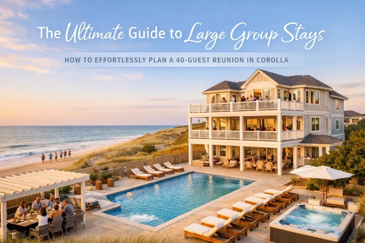 Massive oceanfront estate in Corolla with multiple pools and expansive decks designed for 40-plus guest family reunions