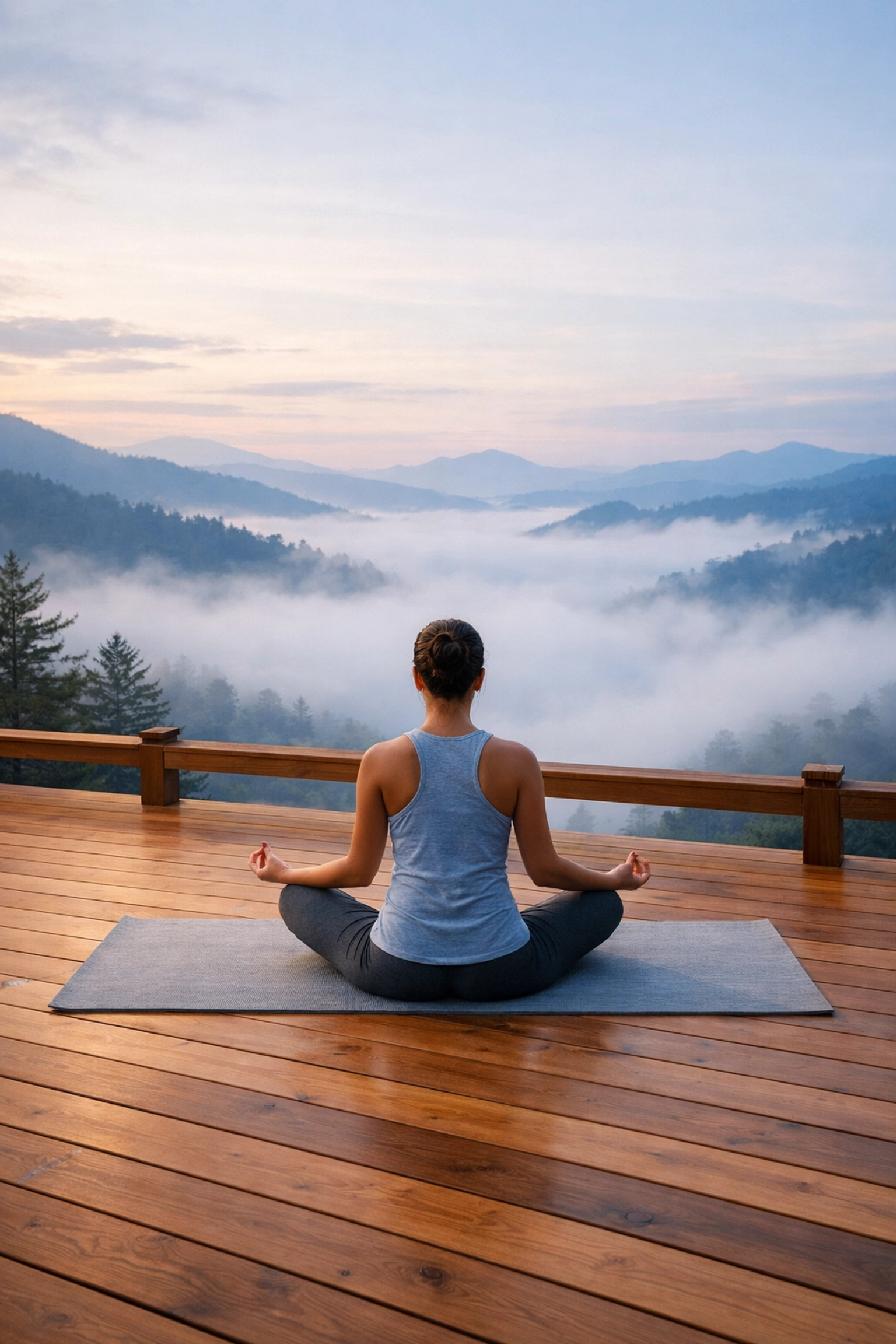 Morning yoga on a wooden deck overlooking misty Appalachian Mountains at Snowshoe