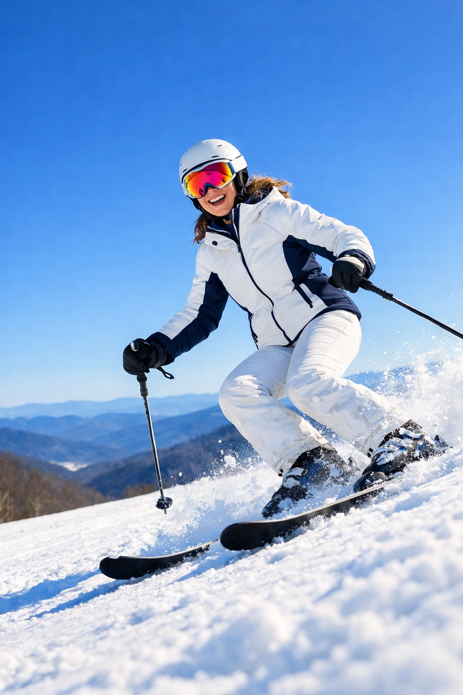 Beginner skier on a groomed green trail at Snowshoe Mountain