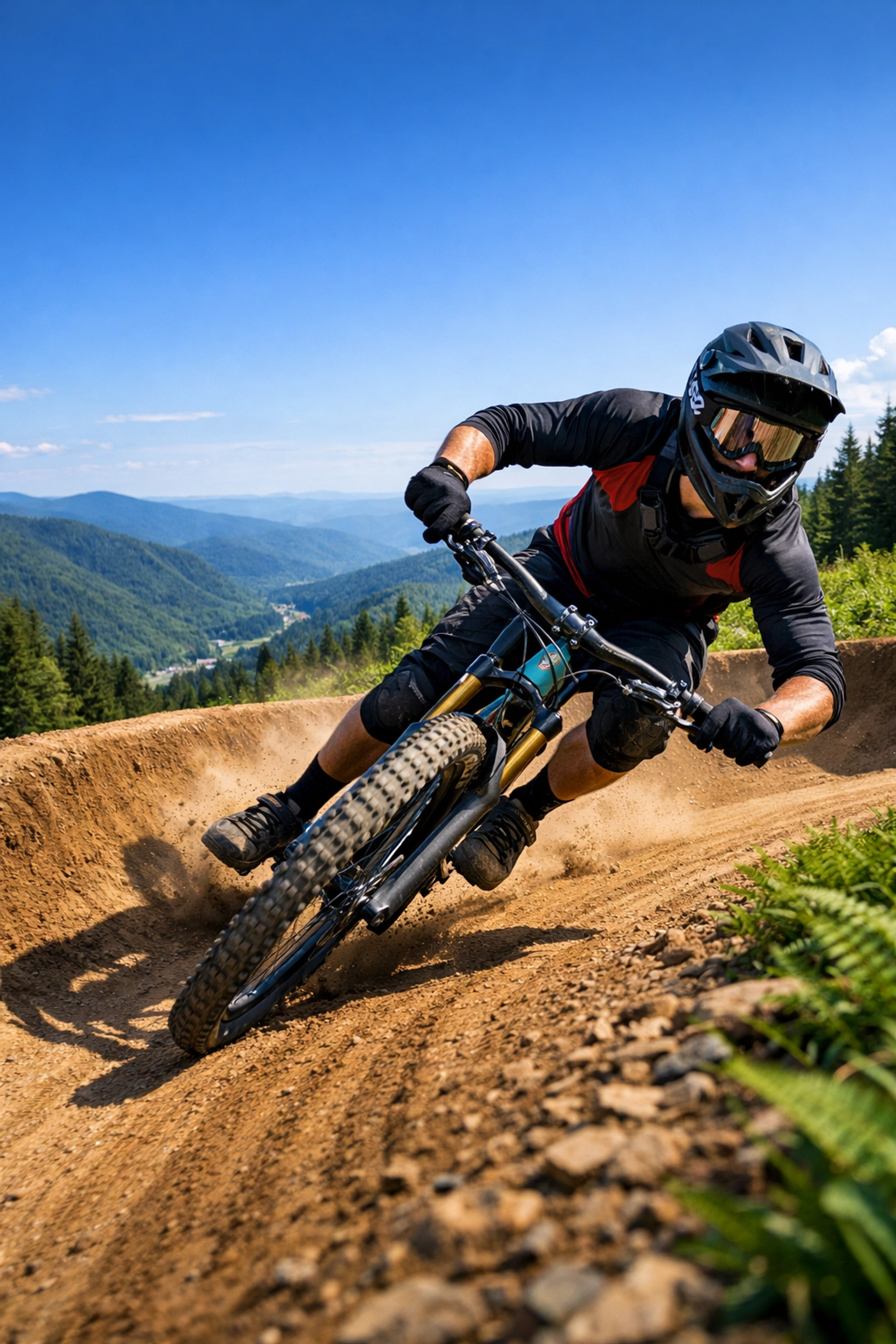 Mountain biker on a forested trail at the Snowshoe Mountain Bike Park, West Virginia